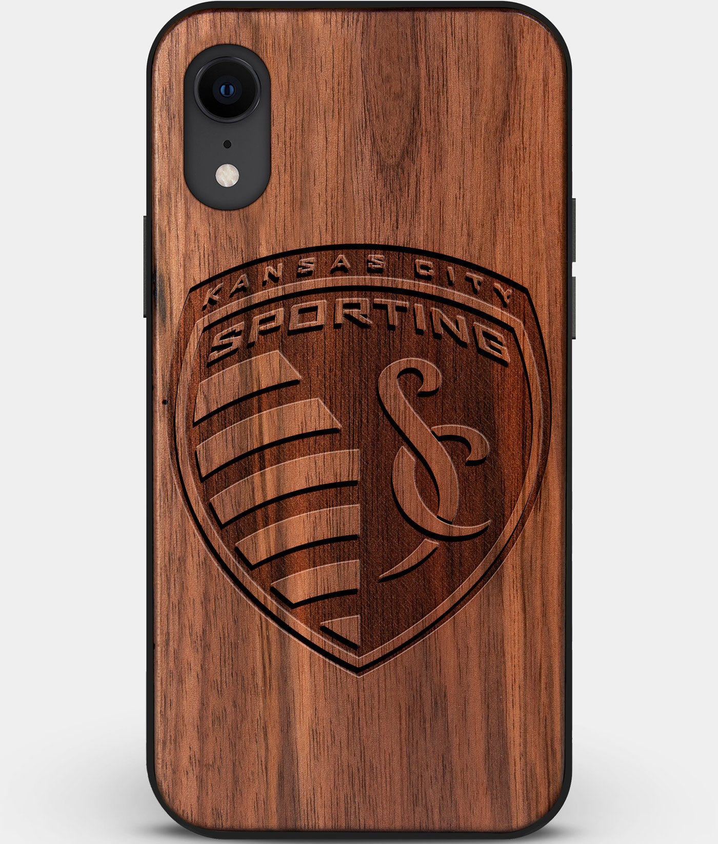 Custom Carved Wood Sporting Kansas City iPhone XR Case | Personalized Walnut Wood Sporting Kansas City Cover, Birthday Gift, Gifts For Him, Monogrammed Gift For Fan | by Engraved In Nature