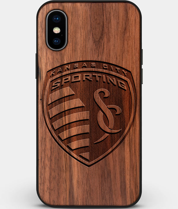 Custom Carved Wood Sporting Kansas City iPhone X/XS Case | Personalized Walnut Wood Sporting Kansas City Cover, Birthday Gift, Gifts For Him, Monogrammed Gift For Fan | by Engraved In Nature
