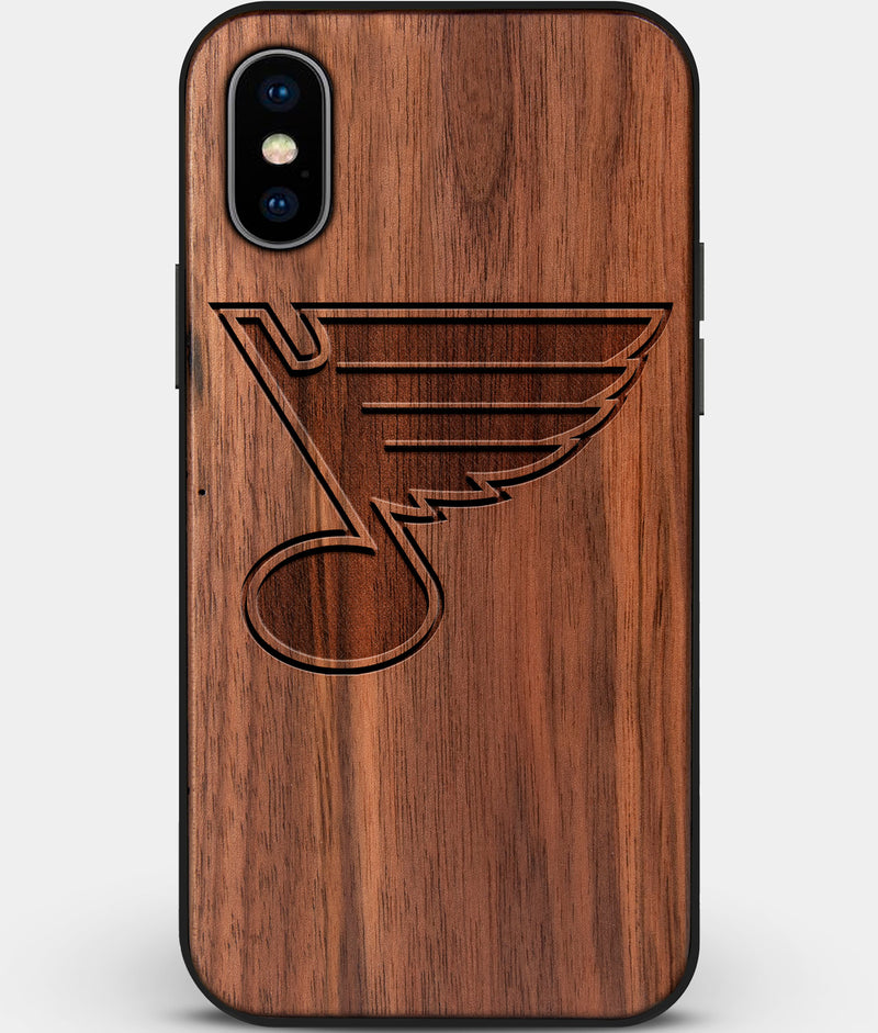 Custom Carved Wood St Louis Blues iPhone X/XS Case | Personalized Walnut Wood St Louis Blues Cover, Birthday Gift, Gifts For Him, Monogrammed Gift For Fan | by Engraved In Nature