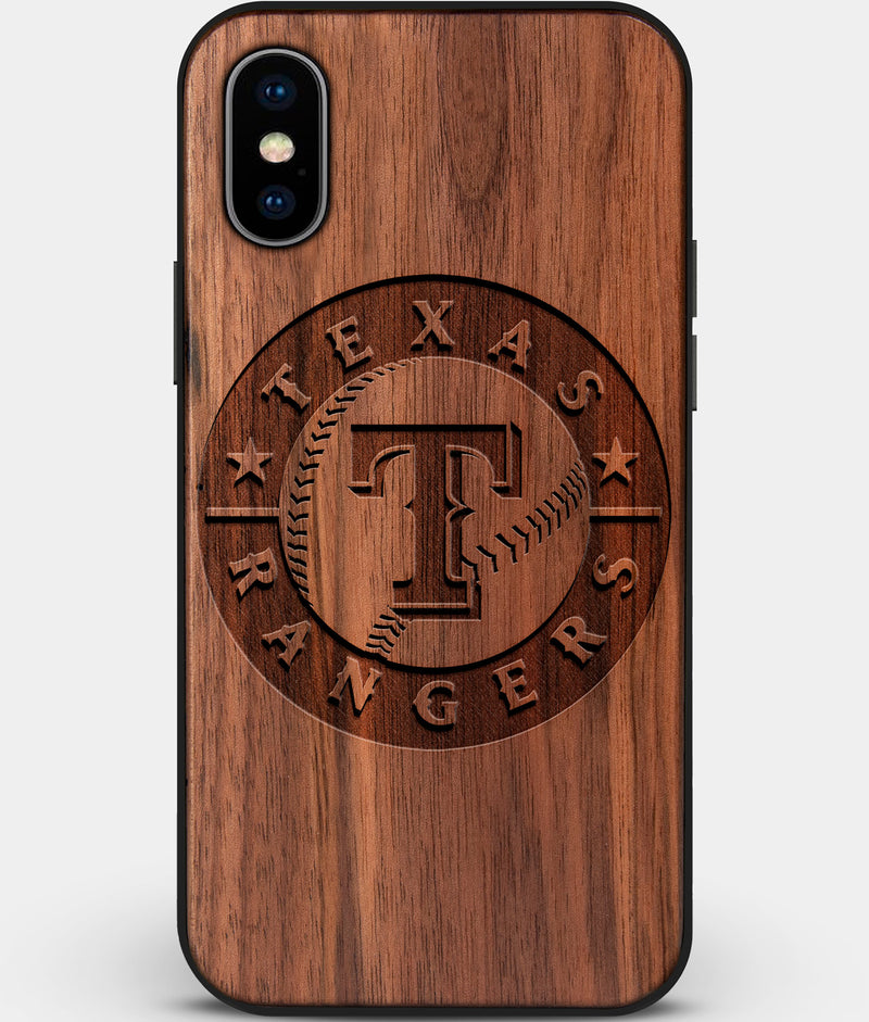 Custom Carved Wood Texas Rangers iPhone X/XS Case | Personalized Walnut Wood Texas Rangers Cover, Birthday Gift, Gifts For Him, Monogrammed Gift For Fan | by Engraved In Nature