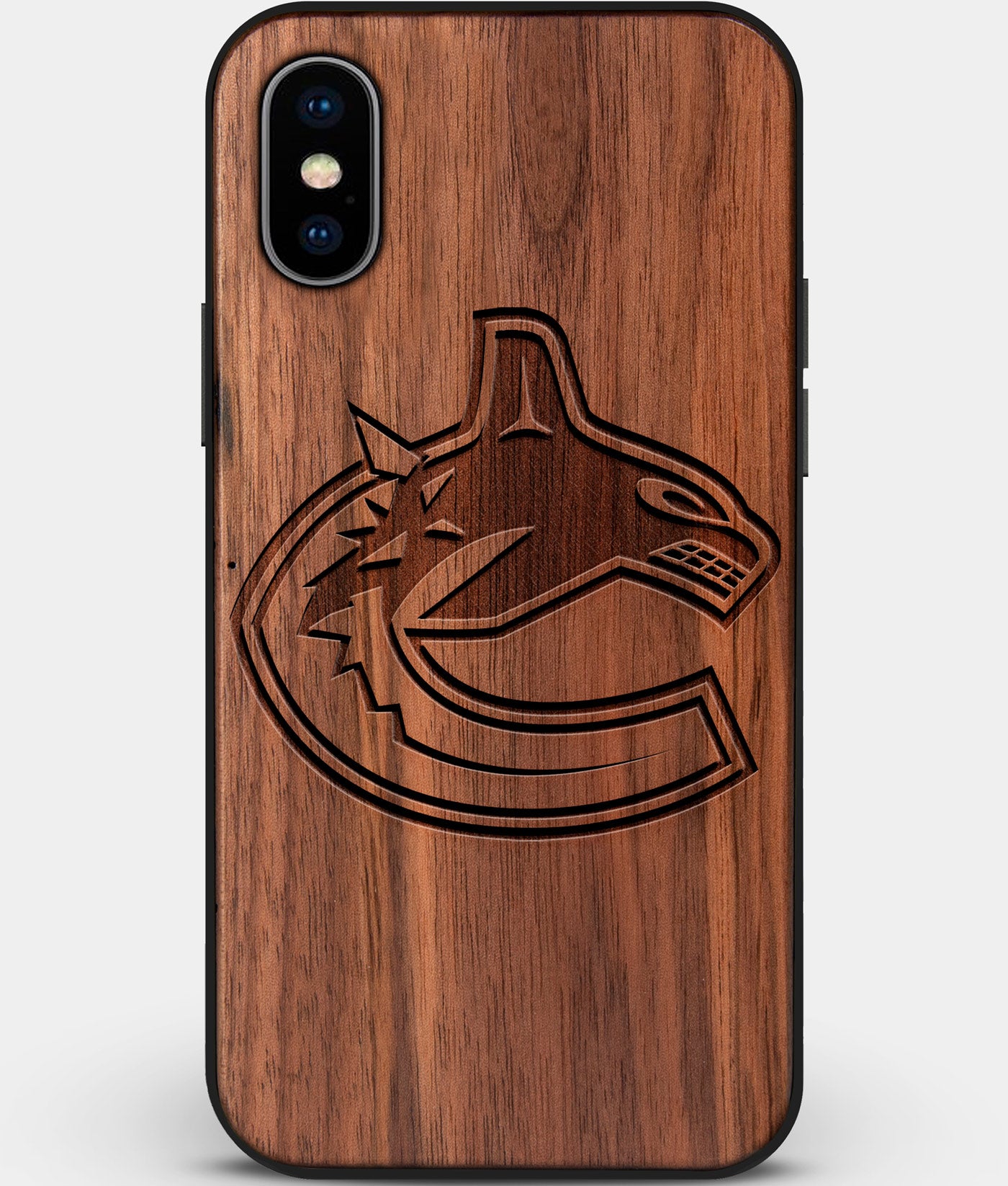 Custom Carved Wood Vancouver Canucks iPhone X/XS Case | Personalized Walnut Wood Vancouver Canucks Cover, Birthday Gift, Gifts For Him, Monogrammed Gift For Fan | by Engraved In Nature