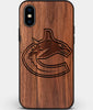 Custom Carved Wood Vancouver Canucks iPhone X/XS Case | Personalized Walnut Wood Vancouver Canucks Cover, Birthday Gift, Gifts For Him, Monogrammed Gift For Fan | by Engraved In Nature