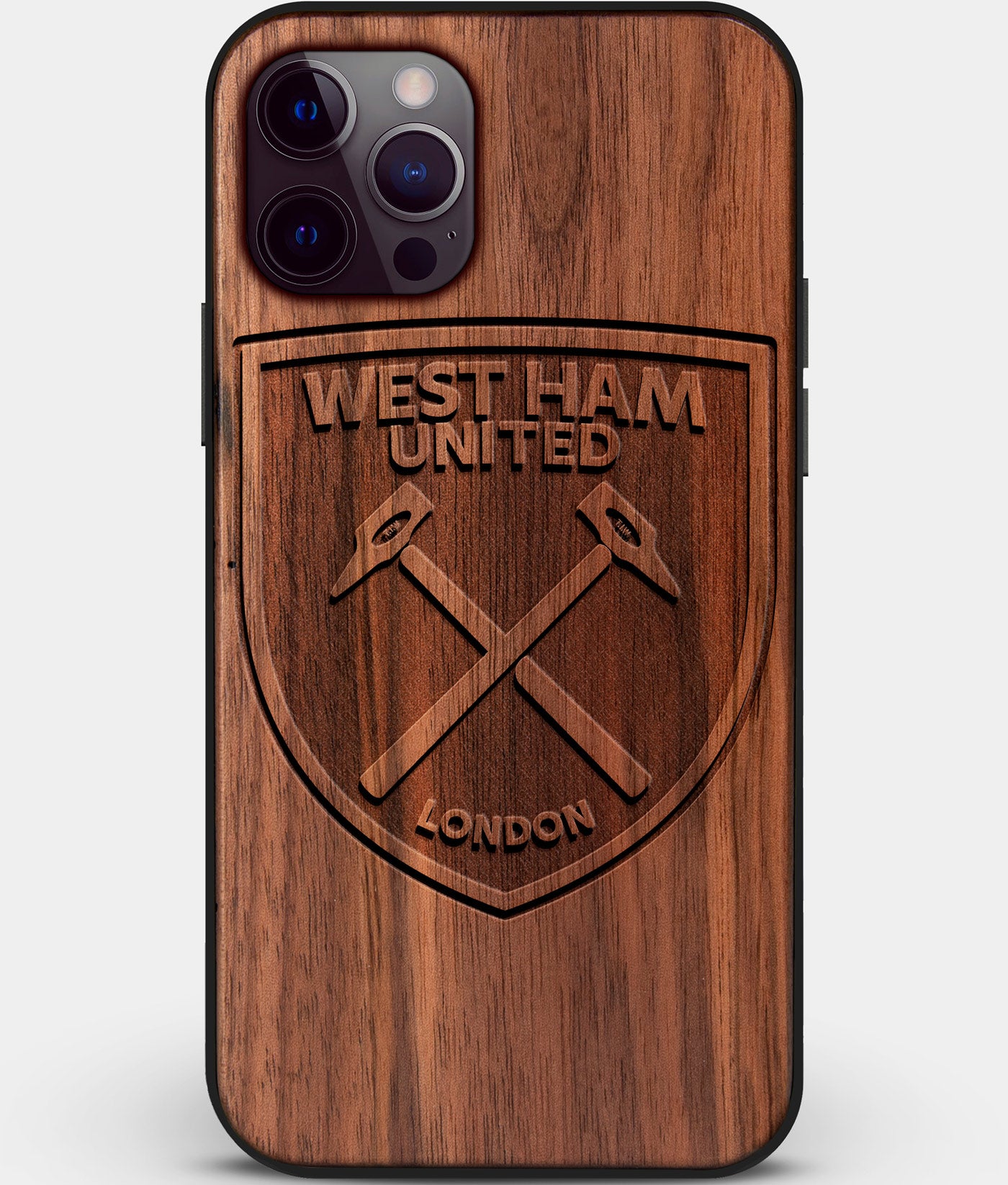 Custom Carved Wood West Ham United F.C. iPhone 12 Pro Case | Personalized Walnut Wood West Ham United F.C. Cover, Birthday Gift, Gifts For Him, Monogrammed Gift For Fan | by Engraved In Nature