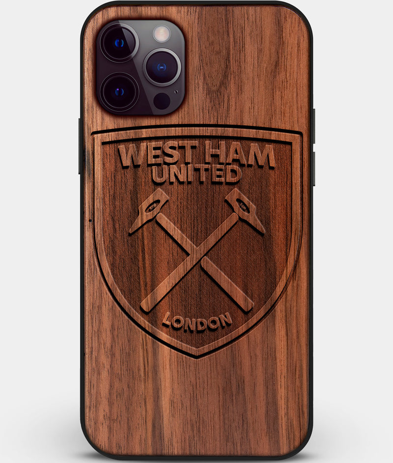 Custom Carved Wood West Ham United F.C. iPhone 12 Pro Max Case | Personalized Walnut Wood West Ham United F.C. Cover, Birthday Gift, Gifts For Him, Monogrammed Gift For Fan | by Engraved In Nature