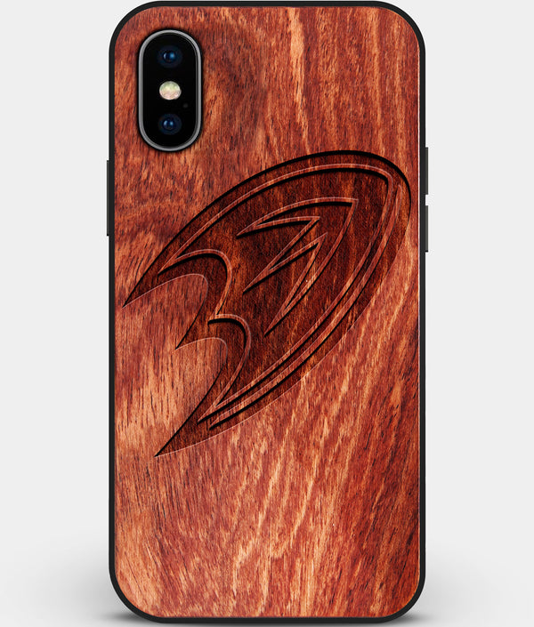 Custom Carved Wood Anaheim Ducks iPhone XS Max Case | Personalized Mahogany Wood Anaheim Ducks Cover, Birthday Gift, Gifts For Him, Monogrammed Gift For Fan | by Engraved In Nature