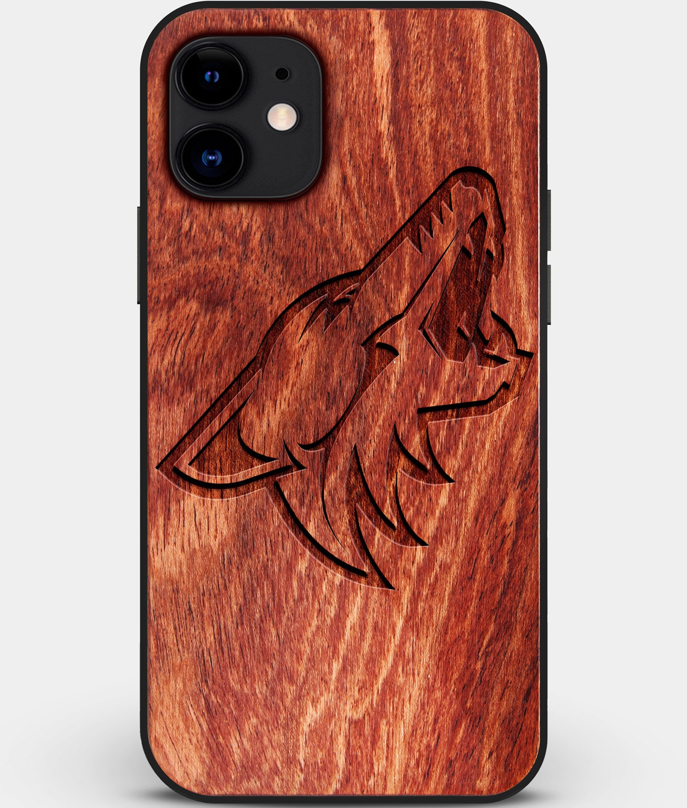 Custom Carved Wood Arizona Coyotes iPhone 12 Case | Personalized Mahogany Wood Arizona Coyotes Cover, Birthday Gift, Gifts For Him, Monogrammed Gift For Fan | by Engraved In Nature