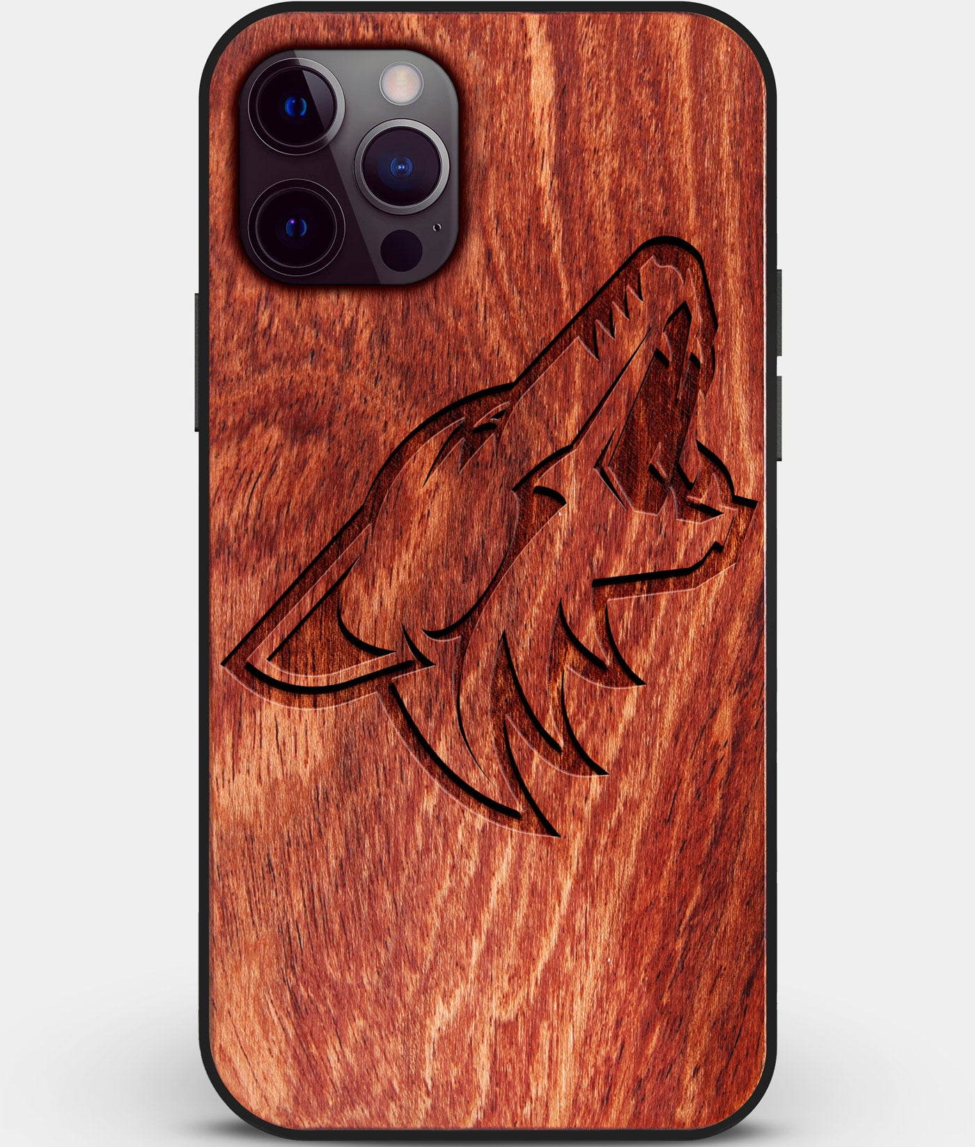 Custom Carved Wood Arizona Coyotes iPhone 12 Pro Case | Personalized Mahogany Wood Arizona Coyotes Cover, Birthday Gift, Gifts For Him, Monogrammed Gift For Fan | by Engraved In Nature