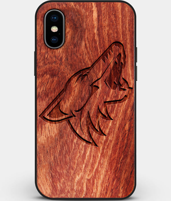 Custom Carved Wood Arizona Coyotes iPhone X/XS Case | Personalized Mahogany Wood Arizona Coyotes Cover, Birthday Gift, Gifts For Him, Monogrammed Gift For Fan | by Engraved In Nature