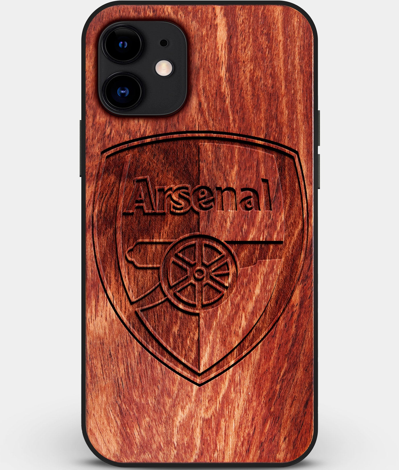 Custom Carved Wood Arsenal F.C. iPhone 11 Case | Personalized Mahogany Wood Arsenal F.C. Cover, Birthday Gift, Gifts For Him, Monogrammed Gift For Fan | by Engraved In Nature