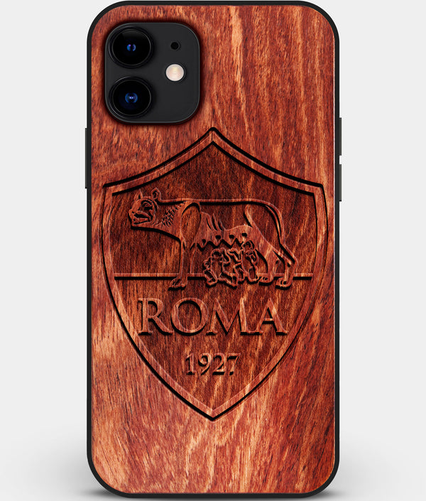 Custom Carved Wood A.S. Roma iPhone 11 Case | Personalized Mahogany Wood A.S. Roma Cover, Birthday Gift, Gifts For Him, Monogrammed Gift For Fan | by Engraved In Nature