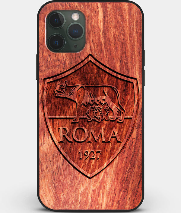 Custom Carved Wood A.S. Roma iPhone 11 Pro Case | Personalized Mahogany Wood A.S. Roma Cover, Birthday Gift, Gifts For Him, Monogrammed Gift For Fan | by Engraved In Nature