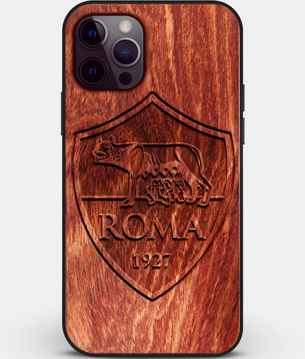Custom Carved Wood A.S. Roma iPhone 12 Pro Case | Personalized Mahogany Wood A.S. Roma Cover, Birthday Gift, Gifts For Him, Monogrammed Gift For Fan | by Engraved In Nature