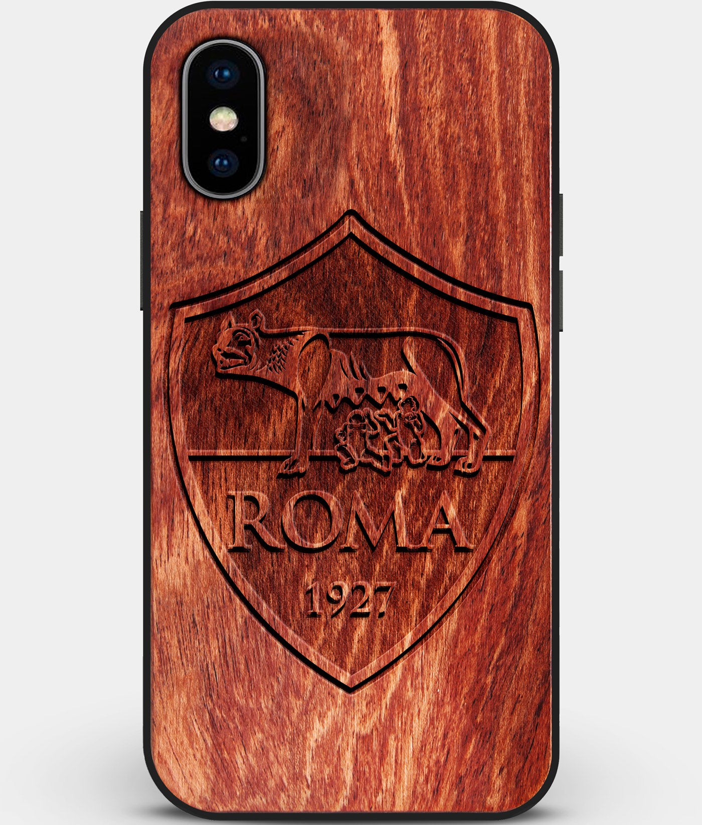 Custom Carved Wood A.S. Roma iPhone X/XS Case | Personalized Mahogany Wood A.S. Roma Cover, Birthday Gift, Gifts For Him, Monogrammed Gift For Fan | by Engraved In Nature
