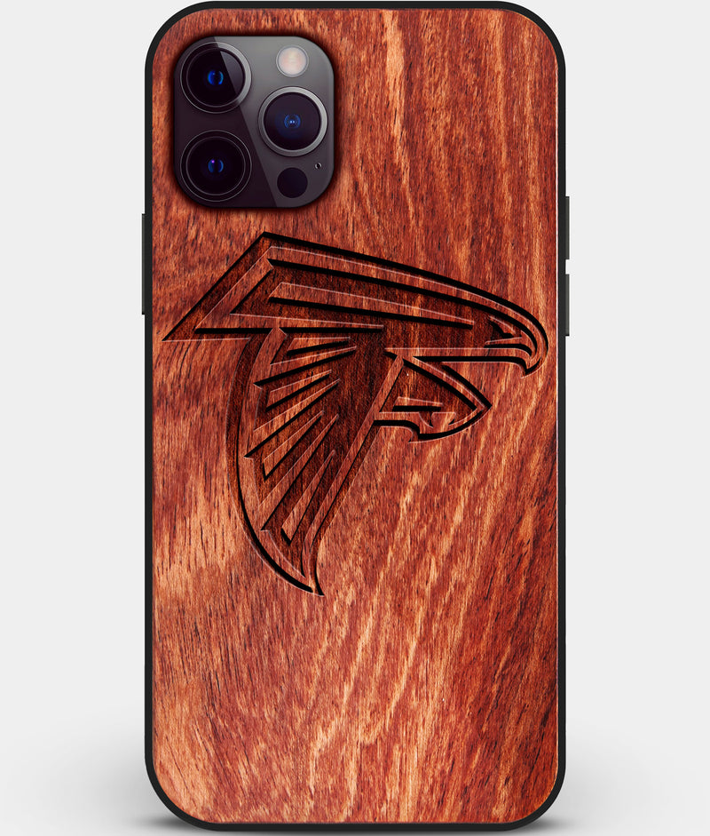 Custom Carved Wood Atlanta Falcons iPhone 12 Pro Case | Personalized Mahogany Wood Atlanta Falcons Cover, Birthday Gift, Gifts For Him, Monogrammed Gift For Fan | by Engraved In Nature