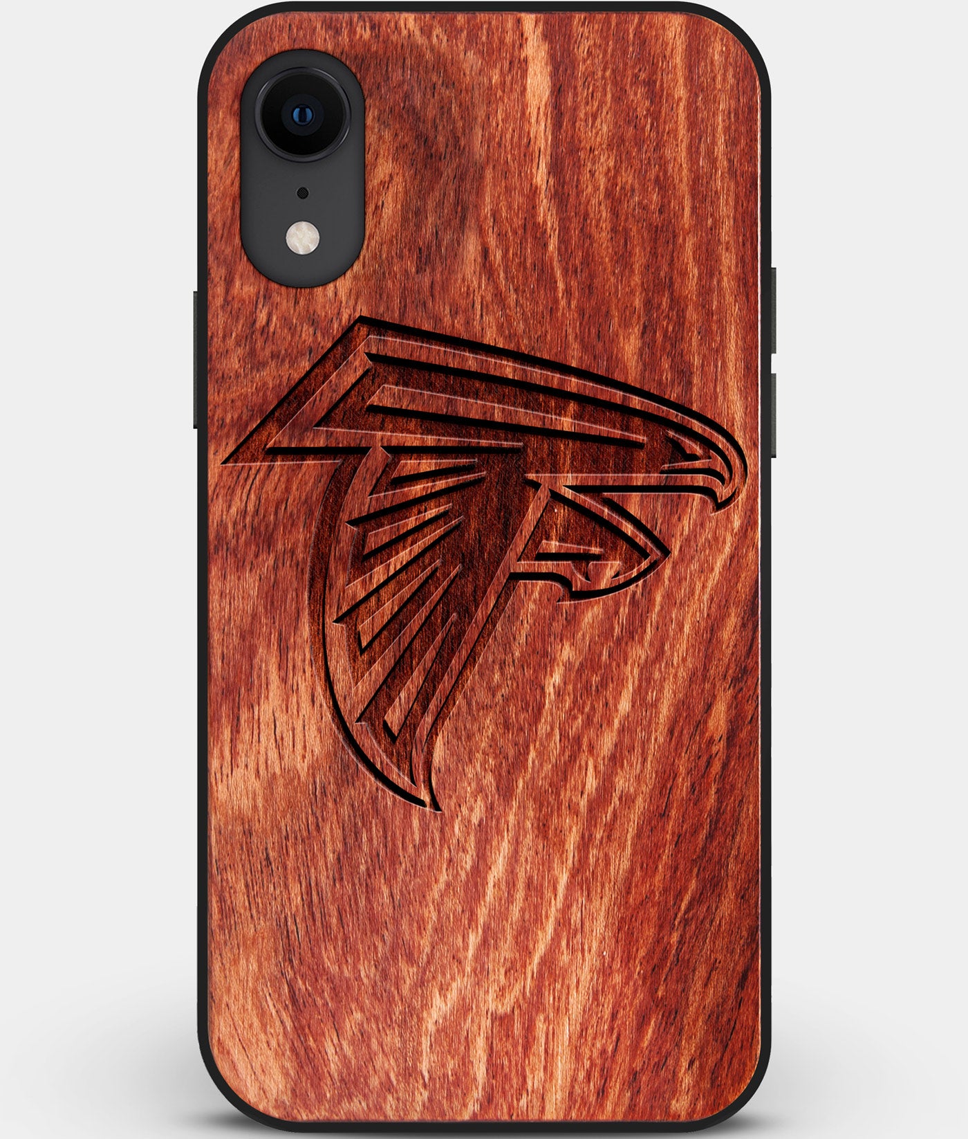 Custom Carved Wood Atlanta Falcons iPhone XR Case | Personalized Mahogany Wood Atlanta Falcons Cover, Birthday Gift, Gifts For Him, Monogrammed Gift For Fan | by Engraved In Nature
