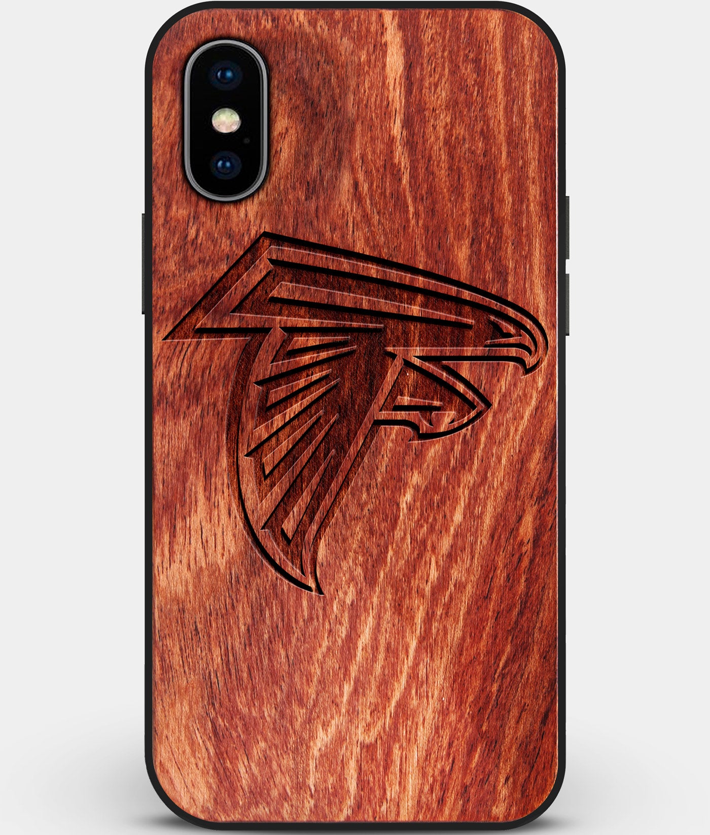 Custom Carved Wood Atlanta Falcons iPhone X/XS Case | Personalized Mahogany Wood Atlanta Falcons Cover, Birthday Gift, Gifts For Him, Monogrammed Gift For Fan | by Engraved In Nature