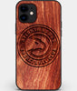 Custom Carved Wood Atlanta Hawks iPhone 11 Case | Personalized Mahogany Wood Atlanta Hawks Cover, Birthday Gift, Gifts For Him, Monogrammed Gift For Fan | by Engraved In Nature