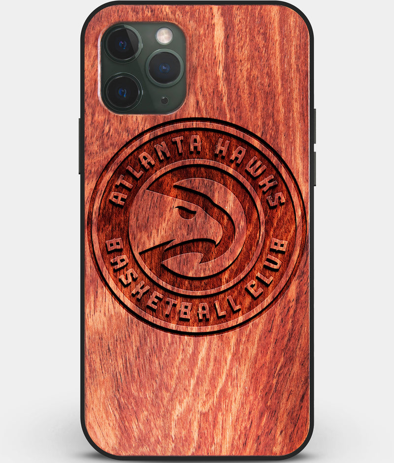 Custom Carved Wood Atlanta Hawks iPhone 11 Pro Case | Personalized Mahogany Wood Atlanta Hawks Cover, Birthday Gift, Gifts For Him, Monogrammed Gift For Fan | by Engraved In Nature