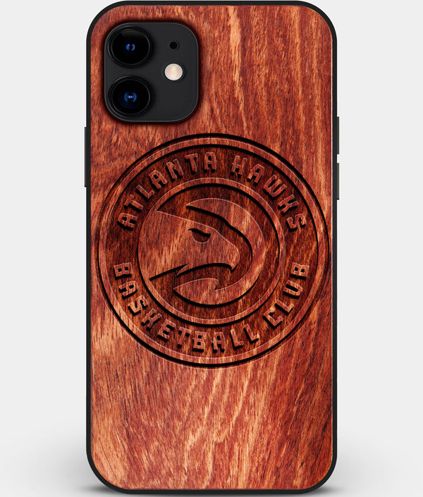 Custom Carved Wood Atlanta Hawks iPhone 12 Case | Personalized Mahogany Wood Atlanta Hawks Cover, Birthday Gift, Gifts For Him, Monogrammed Gift For Fan | by Engraved In Nature