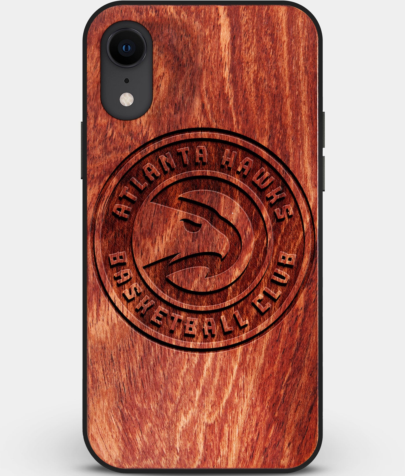 Custom Carved Wood Atlanta Hawks iPhone XR Case | Personalized Mahogany Wood Atlanta Hawks Cover, Birthday Gift, Gifts For Him, Monogrammed Gift For Fan | by Engraved In Nature