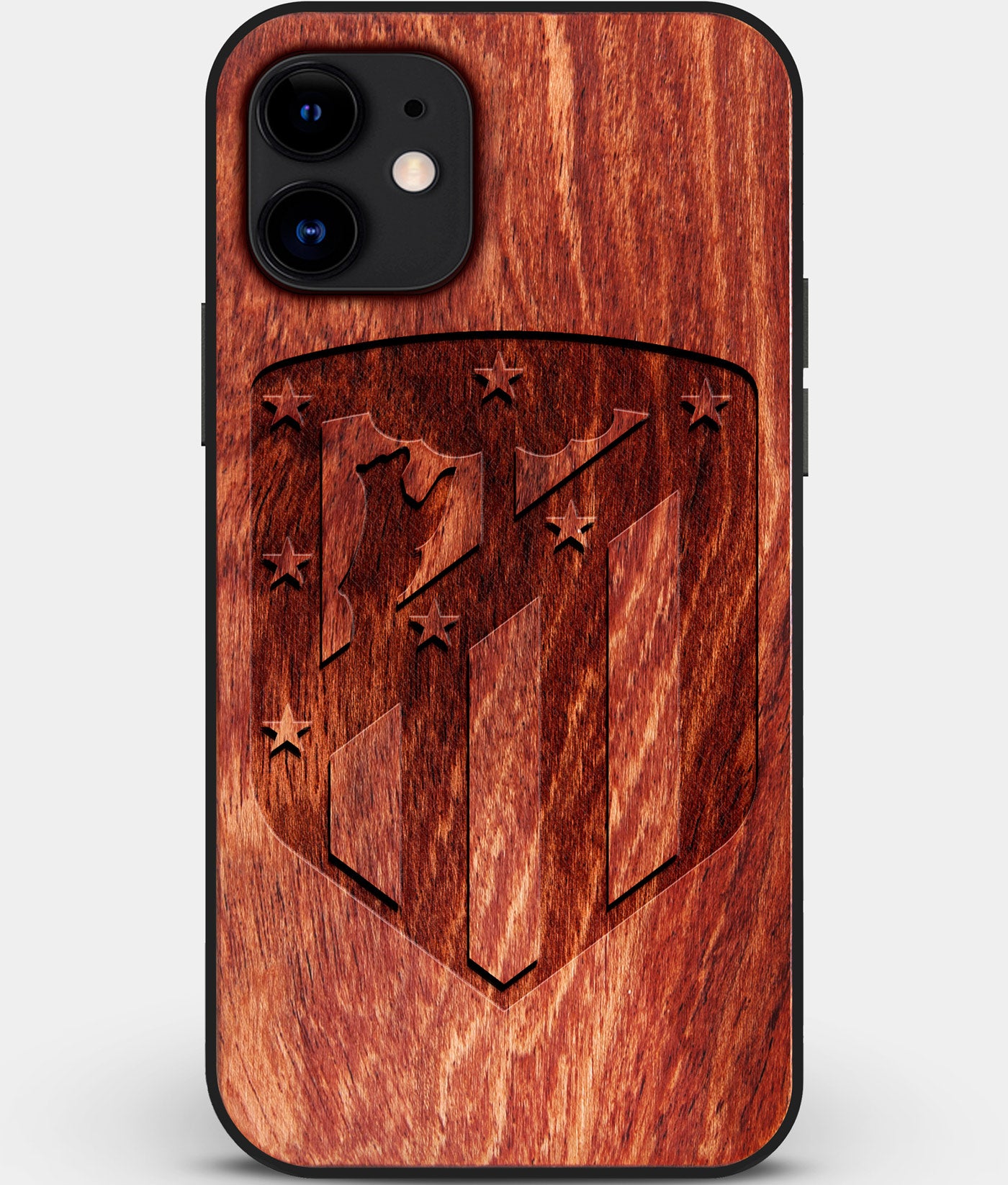 Custom Carved Wood Atletico Madrid iPhone 11 Case | Personalized Mahogany Wood Atletico Madrid Cover, Birthday Gift, Gifts For Him, Monogrammed Gift For Fan | by Engraved In Nature