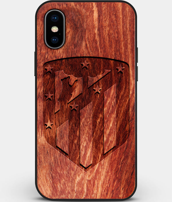 Custom Carved Wood Atletico Madrid iPhone X/XS Case | Personalized Mahogany Wood Atletico Madrid Cover, Birthday Gift, Gifts For Him, Monogrammed Gift For Fan | by Engraved In Nature