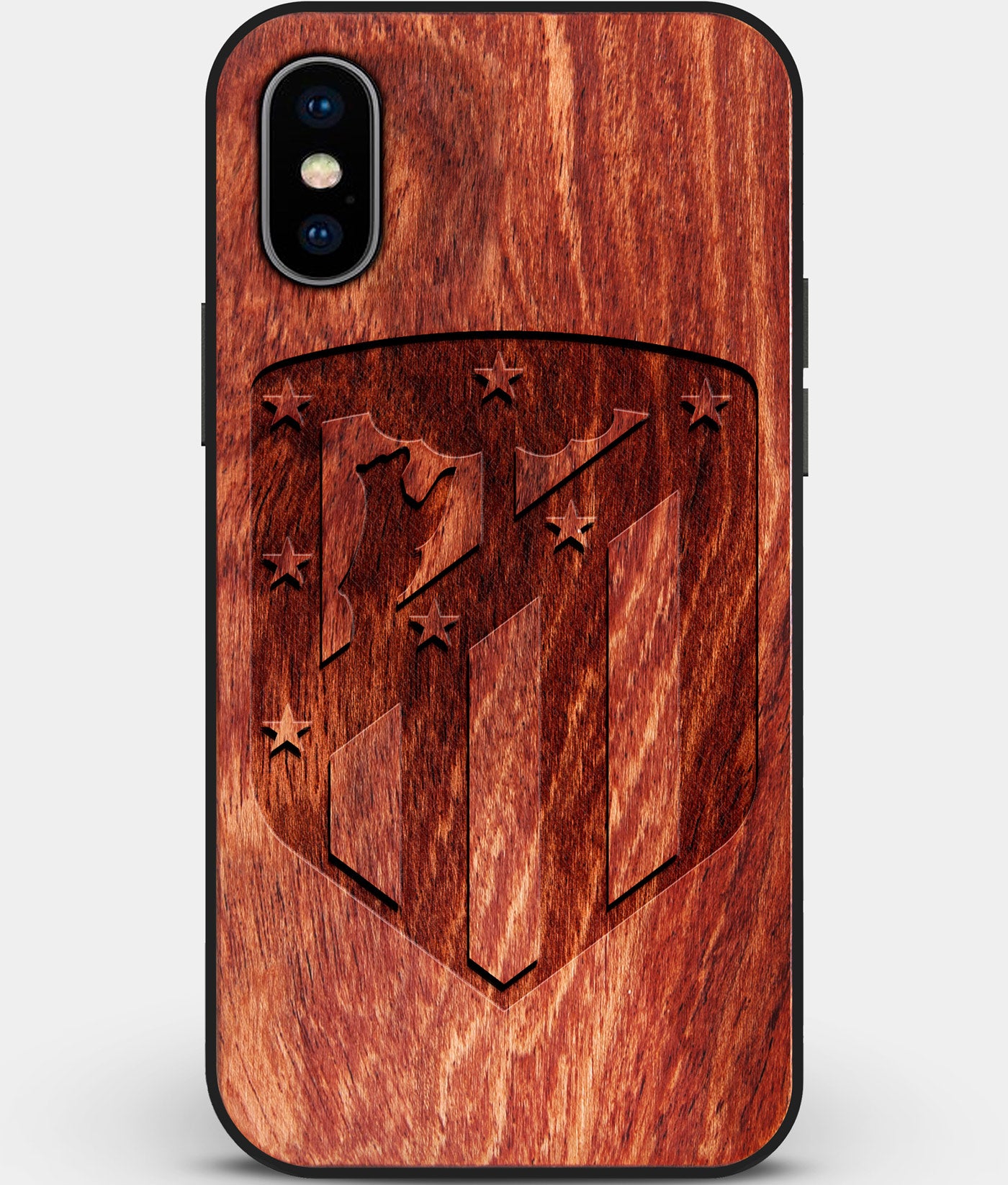 Custom Carved Wood Atletico Madrid iPhone XS Max Case | Personalized Mahogany Wood Atletico Madrid Cover, Birthday Gift, Gifts For Him, Monogrammed Gift For Fan | by Engraved In Nature