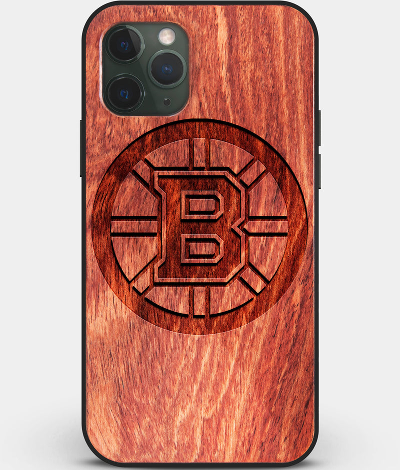 Custom Carved Wood Boston Bruins iPhone 11 Pro Case | Personalized Mahogany Wood Boston Bruins Cover, Birthday Gift, Gifts For Him, Monogrammed Gift For Fan | by Engraved In Nature