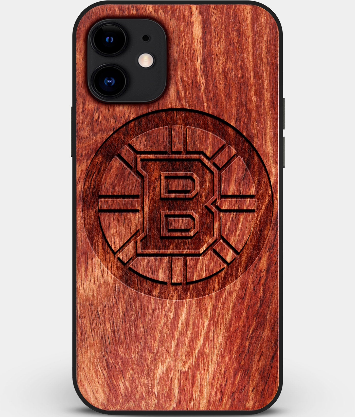 Custom Carved Wood Boston Bruins iPhone 12 Case | Personalized Mahogany Wood Boston Bruins Cover, Birthday Gift, Gifts For Him, Monogrammed Gift For Fan | by Engraved In Nature
