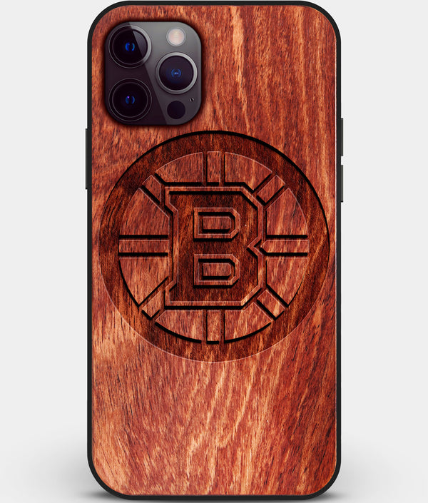 Custom Carved Wood Boston Bruins iPhone 12 Pro Case | Personalized Mahogany Wood Boston Bruins Cover, Birthday Gift, Gifts For Him, Monogrammed Gift For Fan | by Engraved In Nature