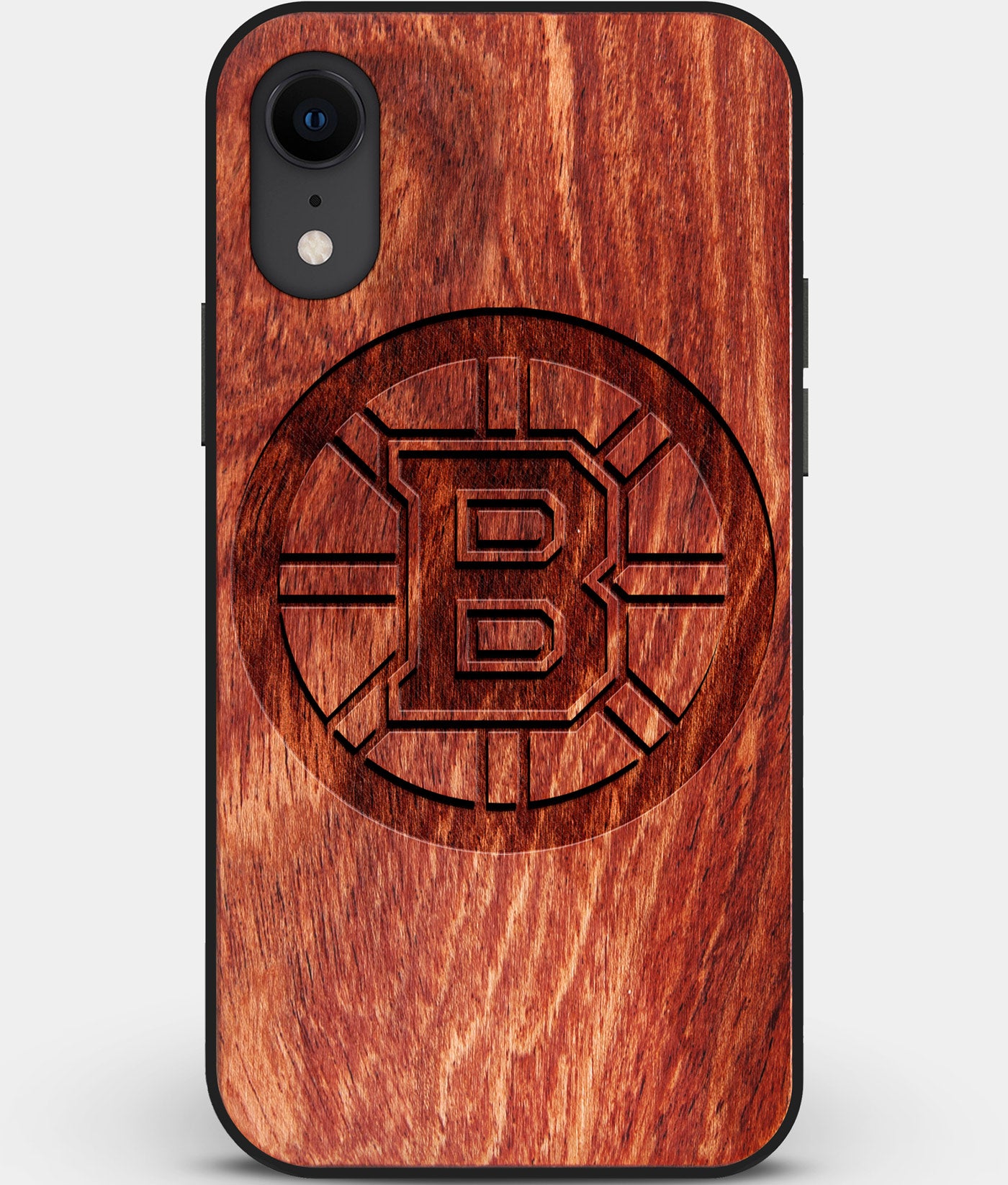 Custom Carved Wood Boston Bruins iPhone XR Case | Personalized Mahogany Wood Boston Bruins Cover, Birthday Gift, Gifts For Him, Monogrammed Gift For Fan | by Engraved In Nature