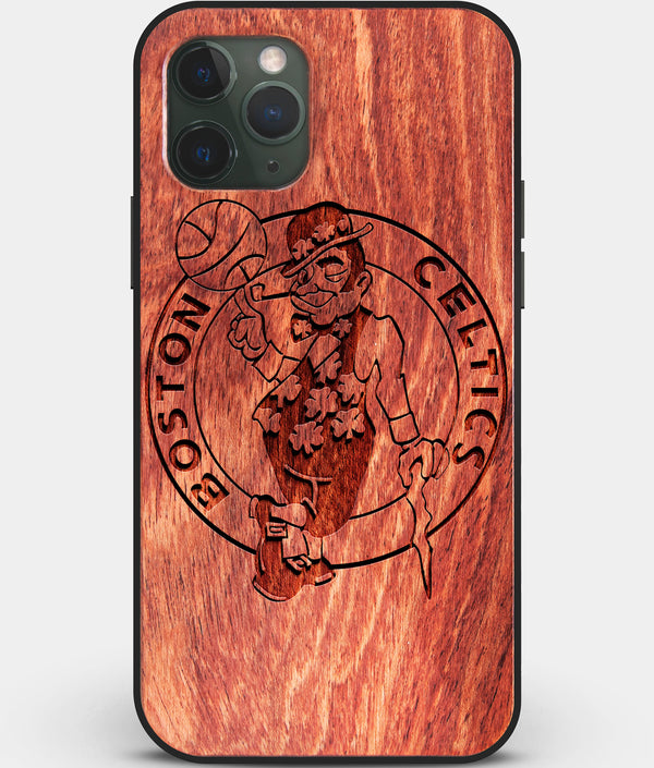 Custom Carved Wood Boston Celtics iPhone 11 Pro Case | Personalized Mahogany Wood Boston Celtics Cover, Birthday Gift, Gifts For Him, Monogrammed Gift For Fan | by Engraved In Nature