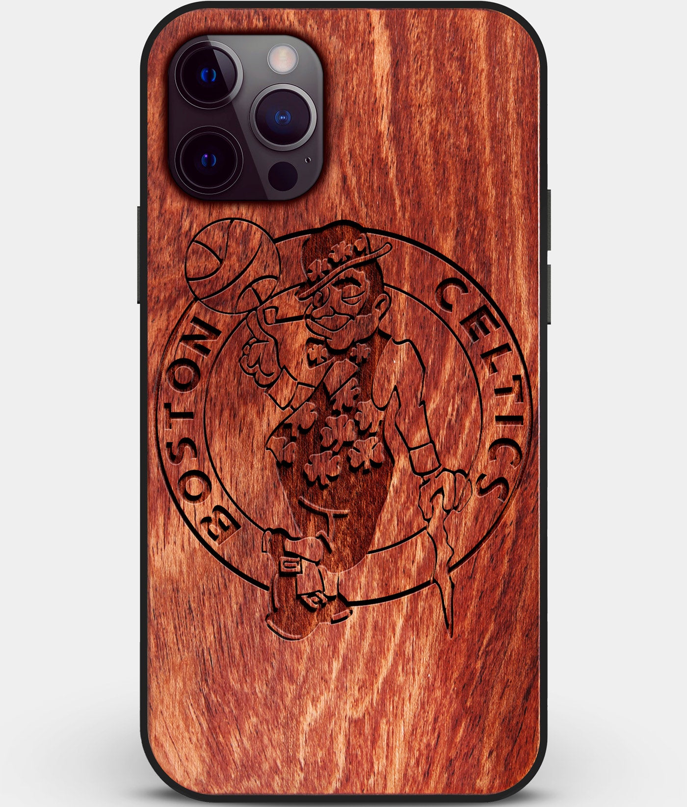 Custom Carved Wood Boston Celtics iPhone 12 Pro Max Case | Personalized Mahogany Wood Boston Celtics Cover, Birthday Gift, Gifts For Him, Monogrammed Gift For Fan | by Engraved In Nature