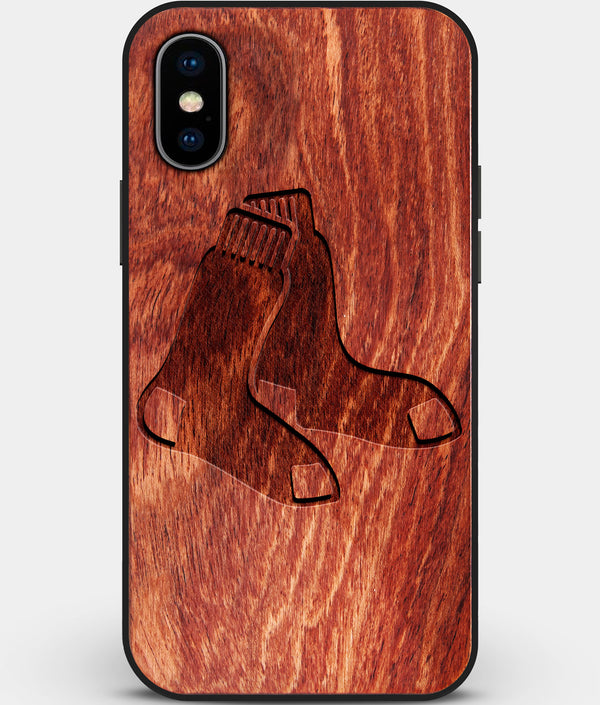 Custom Carved Wood Boston Red Sox iPhone X/XS Case | Personalized Mahogany Wood Boston Red Sox Cover, Birthday Gift, Gifts For Him, Monogrammed Gift For Fan | by Engraved In Nature