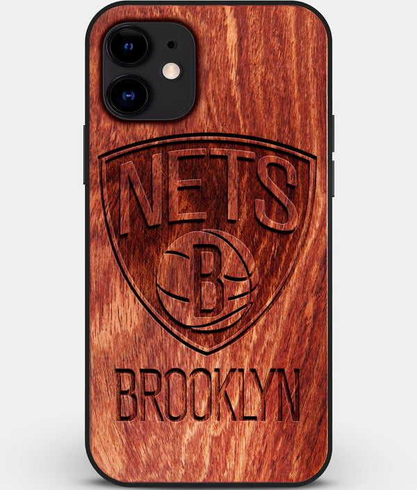 Custom Carved Wood Brooklyn Nets iPhone 11 Case | Personalized Mahogany Wood Brooklyn Nets Cover, Birthday Gift, Gifts For Him, Monogrammed Gift For Fan | by Engraved In Nature
