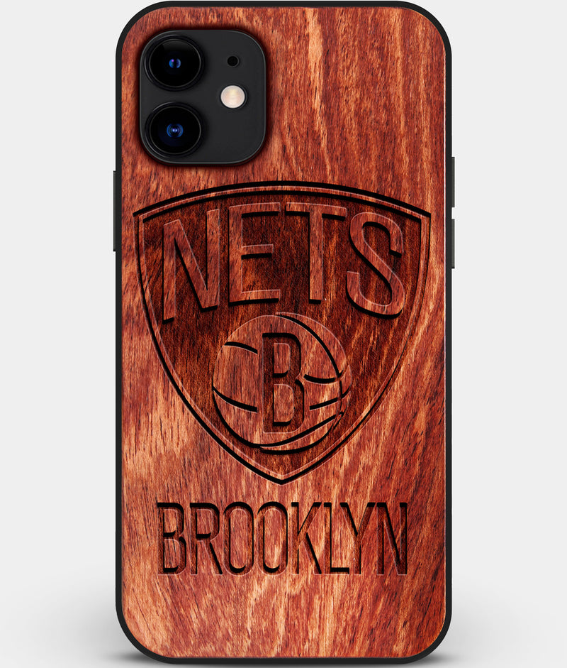 Custom Carved Wood Brooklyn Nets iPhone 12 Case | Personalized Mahogany Wood Brooklyn Nets Cover, Birthday Gift, Gifts For Him, Monogrammed Gift For Fan | by Engraved In Nature