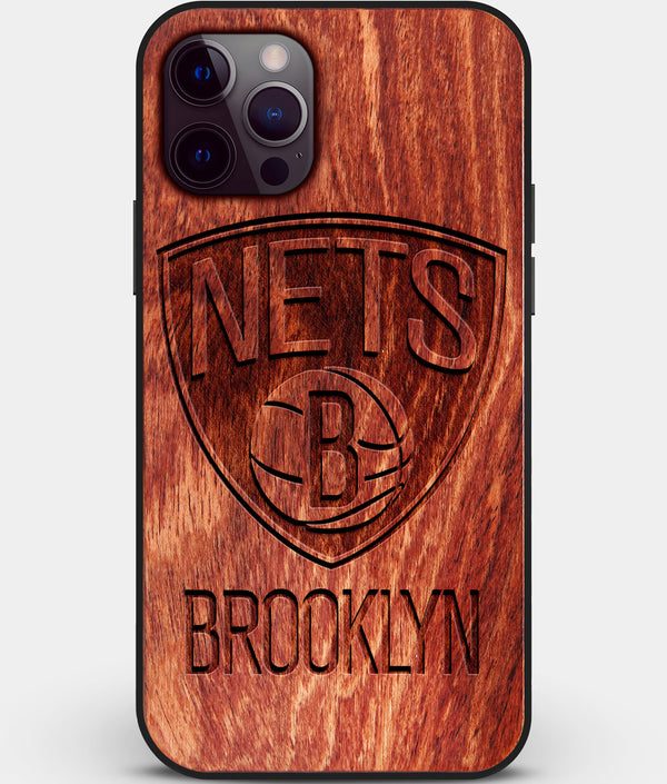 Custom Carved Wood Brooklyn Nets iPhone 12 Pro Case | Personalized Mahogany Wood Brooklyn Nets Cover, Birthday Gift, Gifts For Him, Monogrammed Gift For Fan | by Engraved In Nature