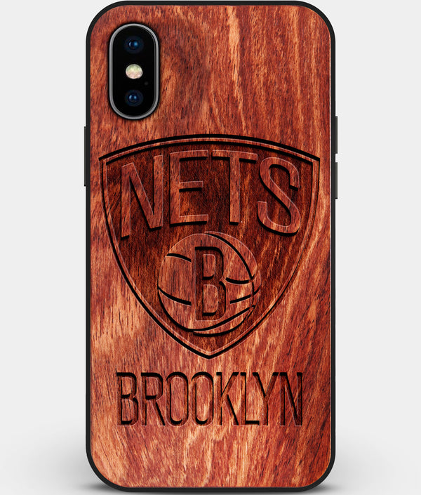 Custom Carved Wood Brooklyn Nets iPhone X/XS Case | Personalized Mahogany Wood Brooklyn Nets Cover, Birthday Gift, Gifts For Him, Monogrammed Gift For Fan | by Engraved In Nature