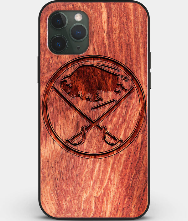 Custom Carved Wood Buffalo Sabres iPhone 11 Pro Case | Personalized Mahogany Wood Buffalo Sabres Cover, Birthday Gift, Gifts For Him, Monogrammed Gift For Fan | by Engraved In Nature