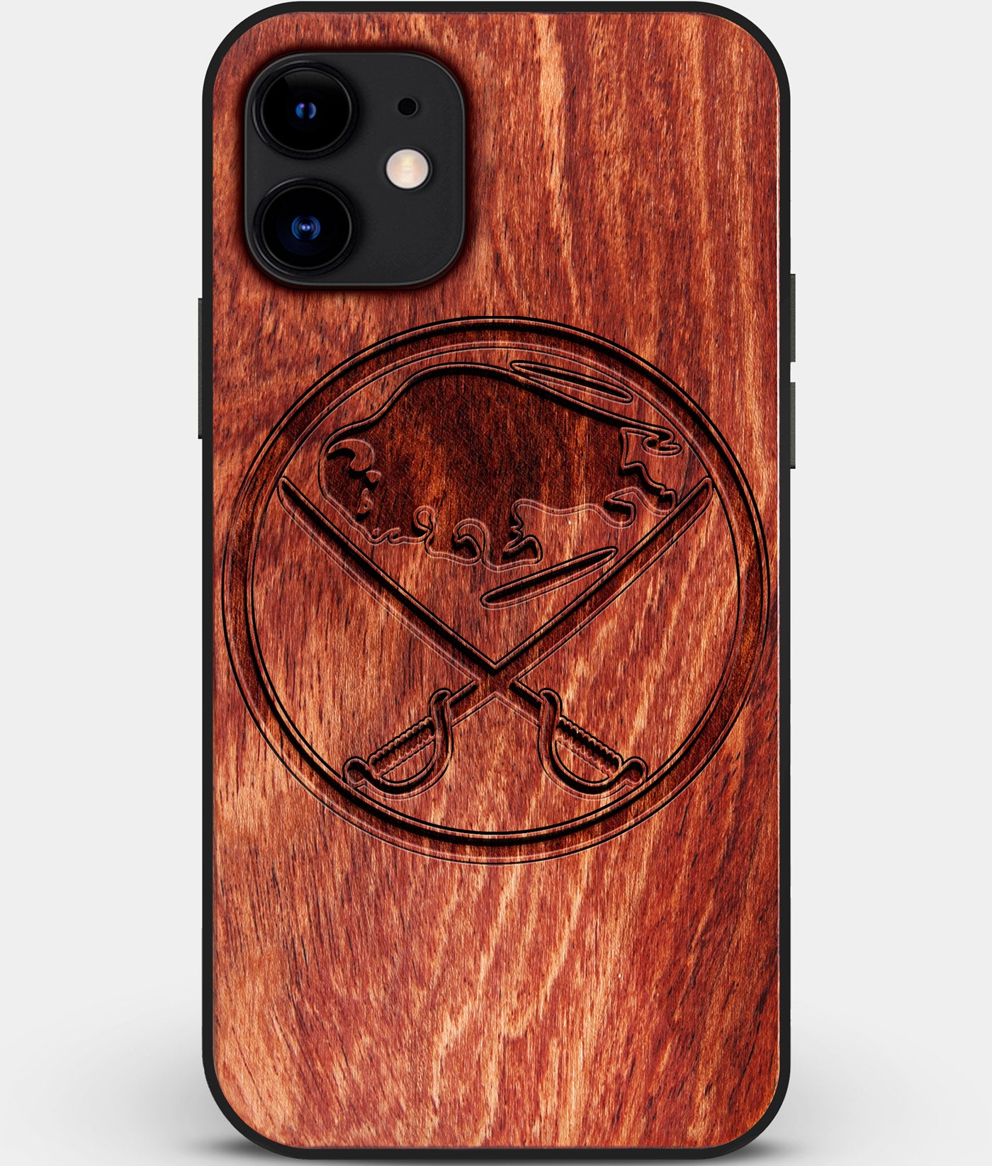 Custom Carved Wood Buffalo Sabres iPhone 12 Mini Case | Personalized Mahogany Wood Buffalo Sabres Cover, Birthday Gift, Gifts For Him, Monogrammed Gift For Fan | by Engraved In Nature