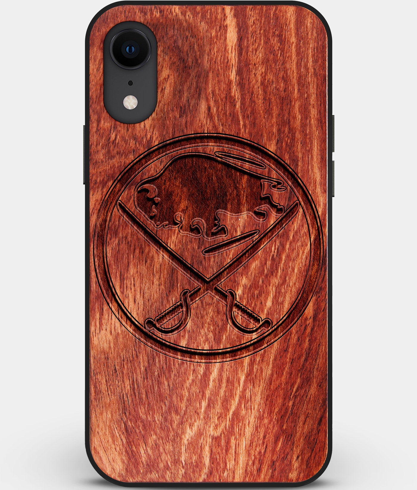 Custom Carved Wood Buffalo Sabres iPhone XR Case | Personalized Mahogany Wood Buffalo Sabres Cover, Birthday Gift, Gifts For Him, Monogrammed Gift For Fan | by Engraved In Nature