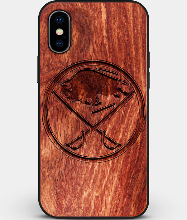 Custom Carved Wood Buffalo Sabres iPhone X/XS Case | Personalized Mahogany Wood Buffalo Sabres Cover, Birthday Gift, Gifts For Him, Monogrammed Gift For Fan | by Engraved In Nature