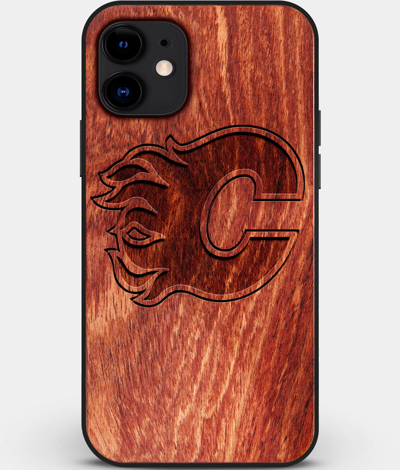 Custom Carved Wood Calgary Flames iPhone 11 Case | Personalized Mahogany Wood Calgary Flames Cover, Birthday Gift, Gifts For Him, Monogrammed Gift For Fan | by Engraved In Nature