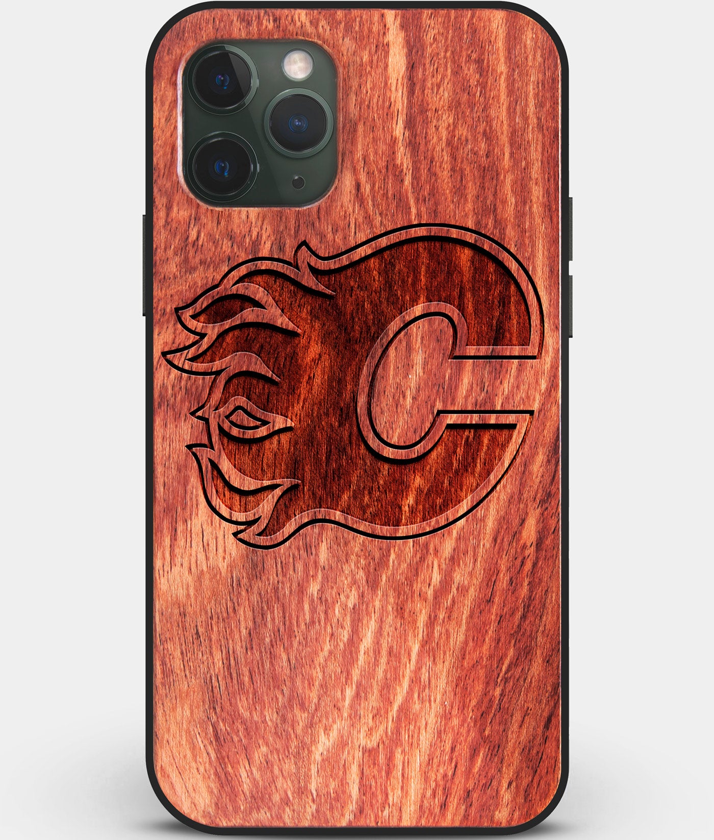 Custom Carved Wood Calgary Flames iPhone 11 Pro Case | Personalized Mahogany Wood Calgary Flames Cover, Birthday Gift, Gifts For Him, Monogrammed Gift For Fan | by Engraved In Nature