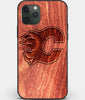 Custom Carved Wood Calgary Flames iPhone 11 Pro Max Case | Personalized Mahogany Wood Calgary Flames Cover, Birthday Gift, Gifts For Him, Monogrammed Gift For Fan | by Engraved In Nature