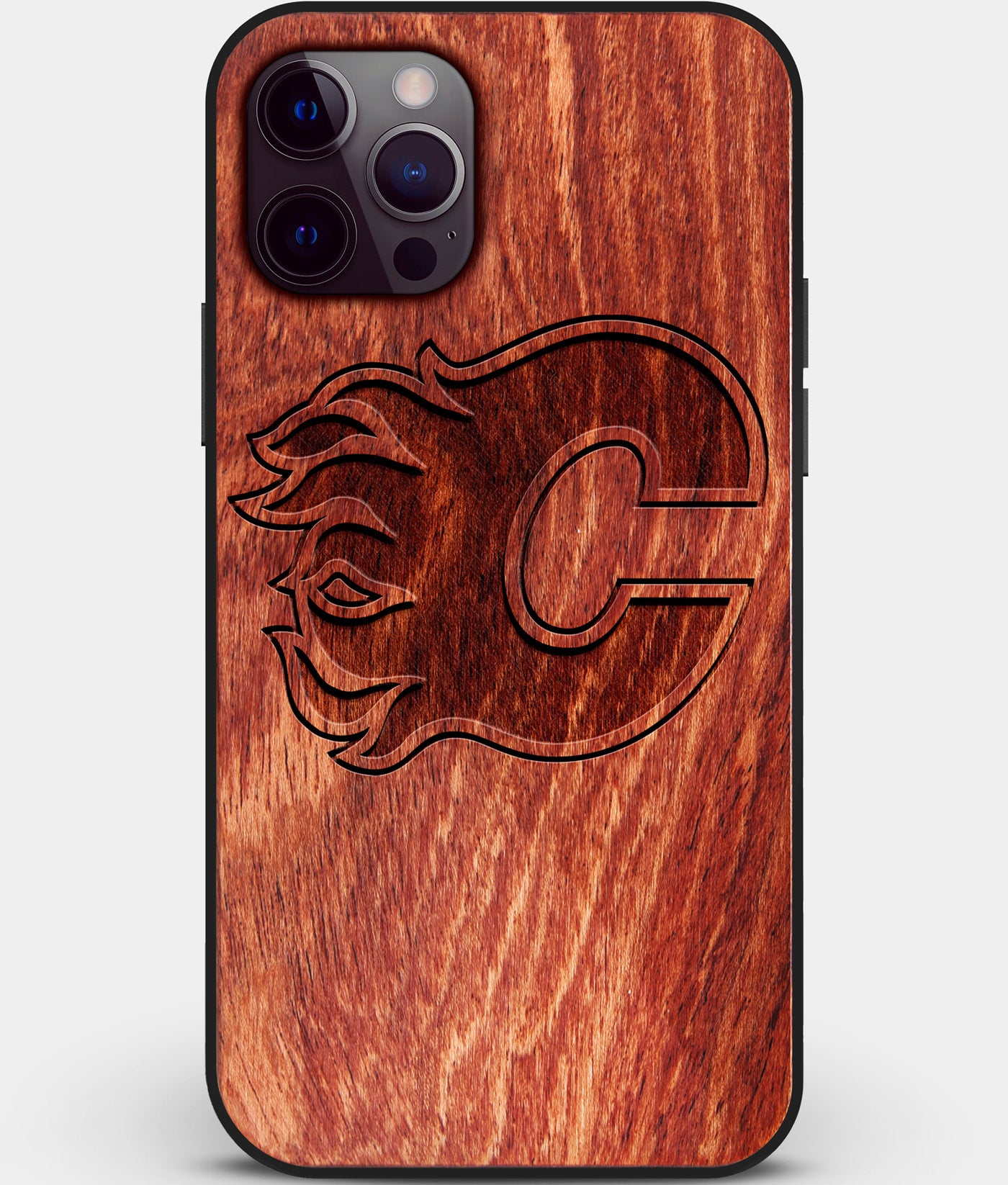 Custom Carved Wood Calgary Flames iPhone 12 Pro Max Case | Personalized Mahogany Wood Calgary Flames Cover, Birthday Gift, Gifts For Him, Monogrammed Gift For Fan | by Engraved In Nature