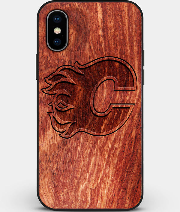 Custom Carved Wood Calgary Flames iPhone X/XS Case | Personalized Mahogany Wood Calgary Flames Cover, Birthday Gift, Gifts For Him, Monogrammed Gift For Fan | by Engraved In Nature