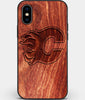 Custom Carved Wood Calgary Flames iPhone XS Max Case | Personalized Mahogany Wood Calgary Flames Cover, Birthday Gift, Gifts For Him, Monogrammed Gift For Fan | by Engraved In Nature