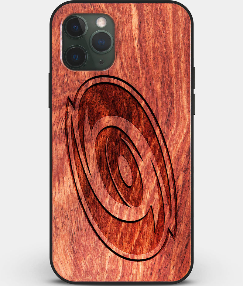 Custom Carved Wood Carolina Hurricanes iPhone 11 Pro Case | Personalized Mahogany Wood Carolina Hurricanes Cover, Birthday Gift, Gifts For Him, Monogrammed Gift For Fan | by Engraved In Nature