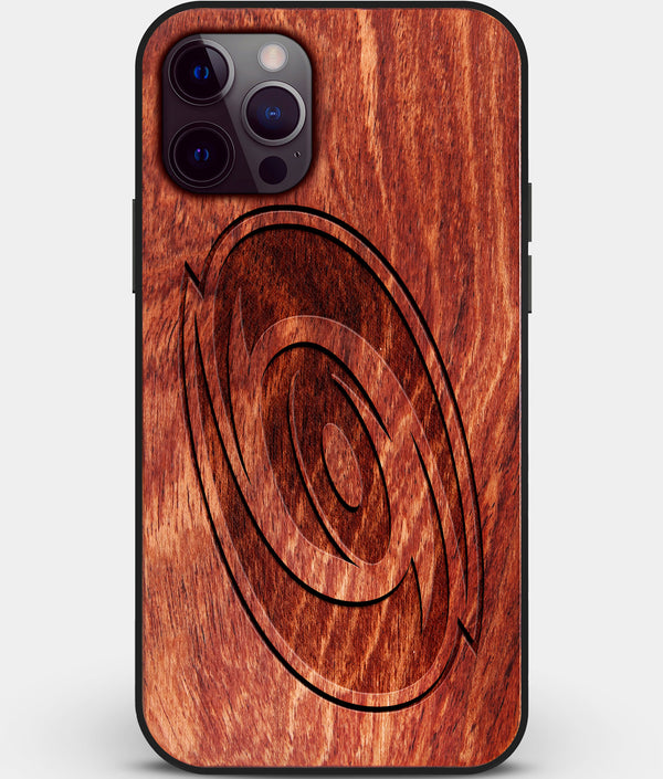 Custom Carved Wood Carolina Hurricanes iPhone 12 Pro Case | Personalized Mahogany Wood Carolina Hurricanes Cover, Birthday Gift, Gifts For Him, Monogrammed Gift For Fan | by Engraved In Nature